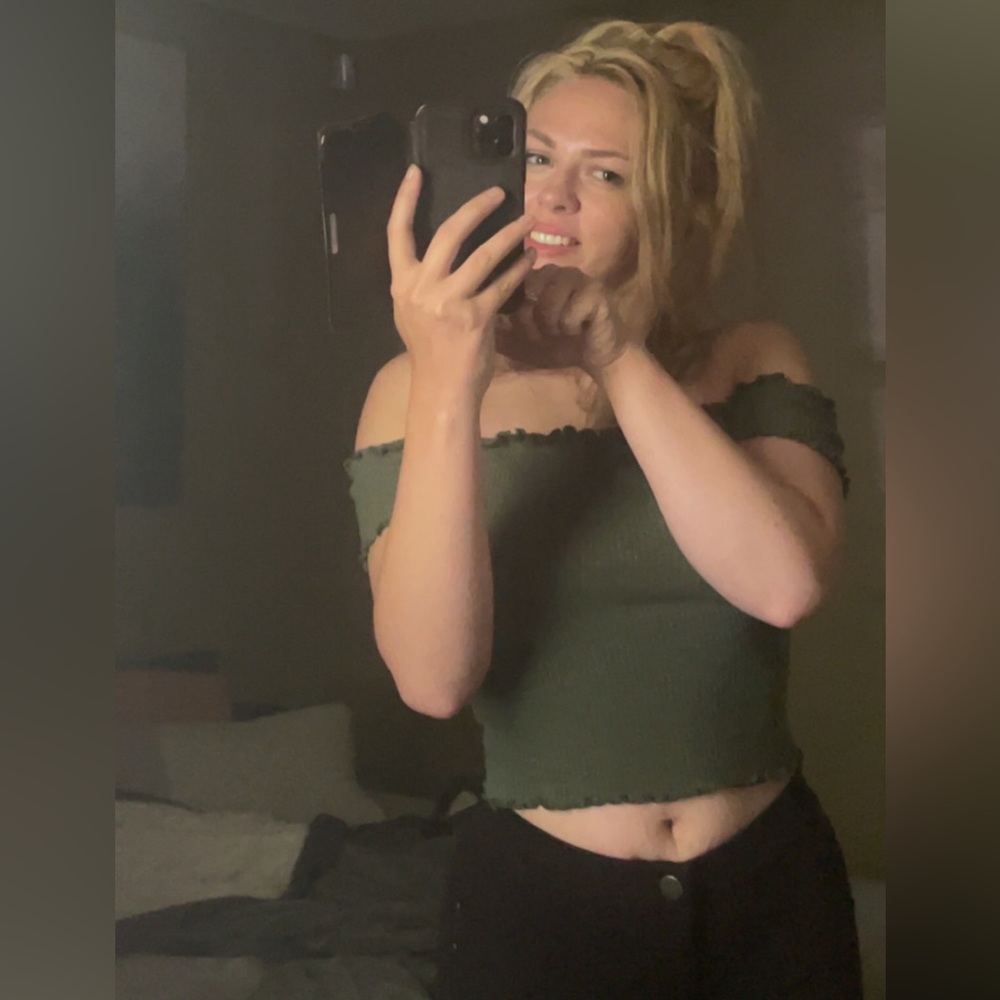 Green off the shoulder shirt